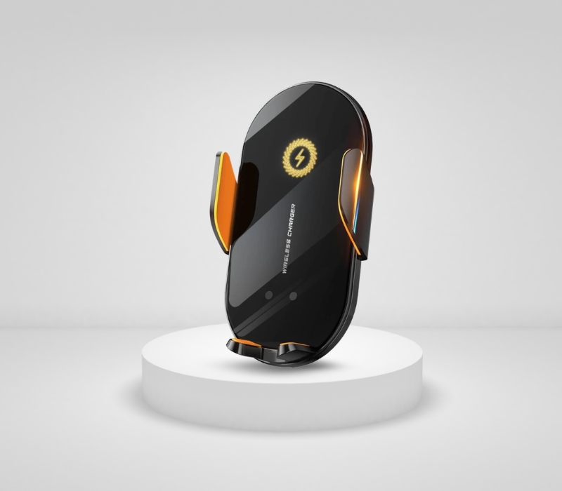 Mbajtëse Makine me Karikues Wireless të Shpejtë, me lidhje Bluetooth pa tela, për përdorim në veturë, e zezë me detaje portokalli