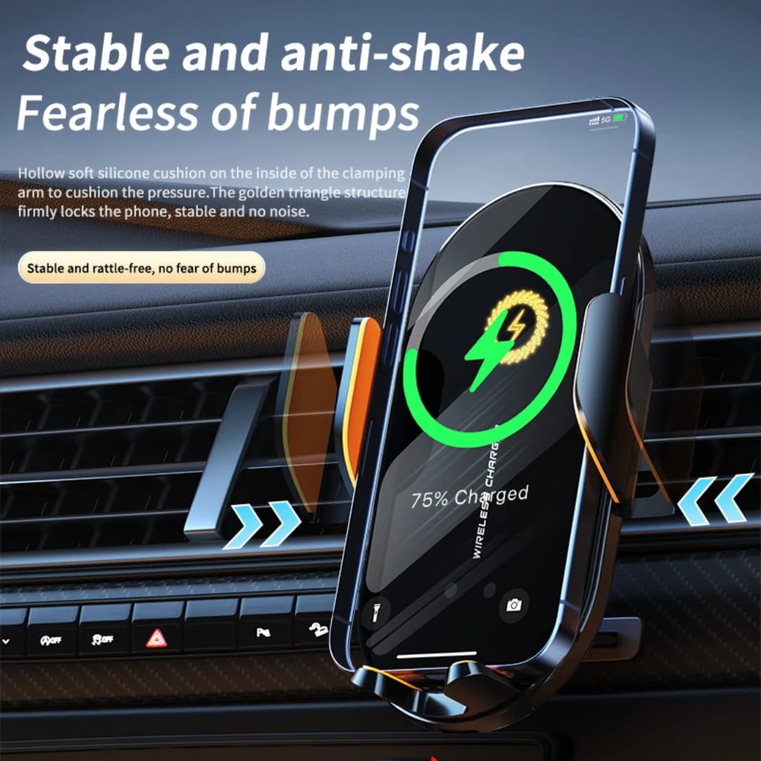 Mbajtëse Makine me Karikues Wireless të Shpejtë, me lidhje Bluetooth pa tela, për përdorim në veturë, e zezë me detaje portokalli