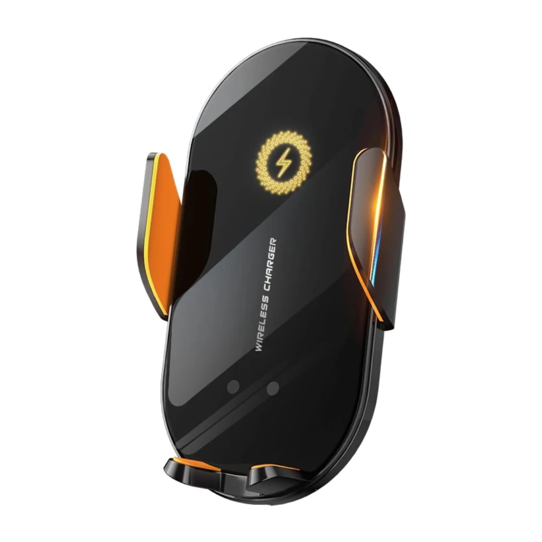 Mbajtëse Makine me Karikues Wireless të Shpejtë, me lidhje Bluetooth pa tela, për përdorim në veturë, e zezë me detaje portokalli