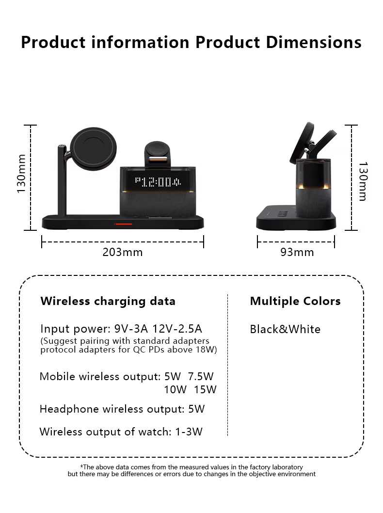 Stacion Karikimi Wireless Magnetik 5-në-1 me Orë, magnetik dhe praktik, për shtëpi, zyrë dhe udhëtime, ngjyrë e zezë