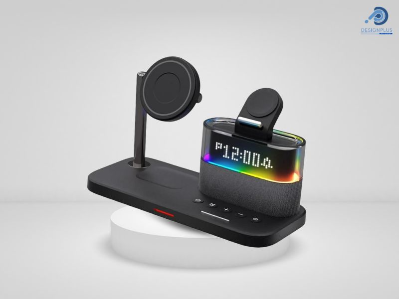 Stacion Karikimi Wireless Magnetik 5-në-1 me Orë, magnetik dhe praktik, për shtëpi, zyrë dhe udhëtime, ngjyrë e zezë
