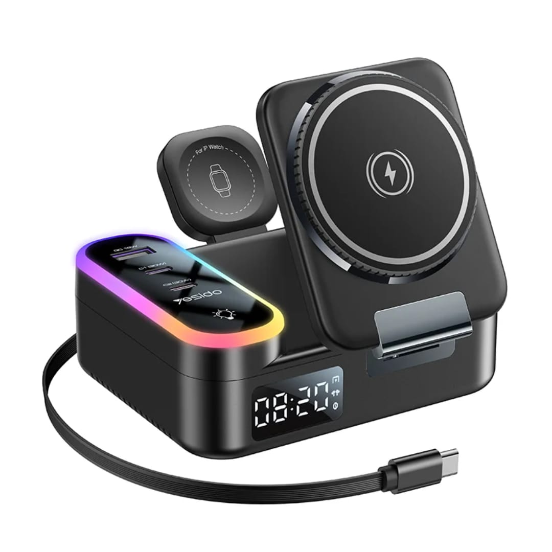 Stacion Karikimi Inteligjent 5 in 1 Yesido me Orë, RGB dhe Wireless Charging, me ndriçim modern LED/RGB, për shtëpi, zyrë dhe udhëtime, ngjyrë e zezë