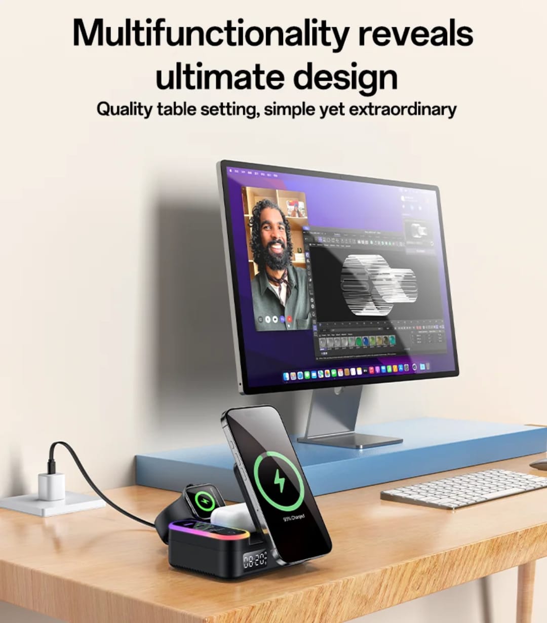 Stacion Karikimi Inteligjent 5 in 1 Yesido me Orë, RGB dhe Wireless Charging, me ndriçim modern LED/RGB, për shtëpi, zyrë dhe udhëtime, ngjyrë e zezë