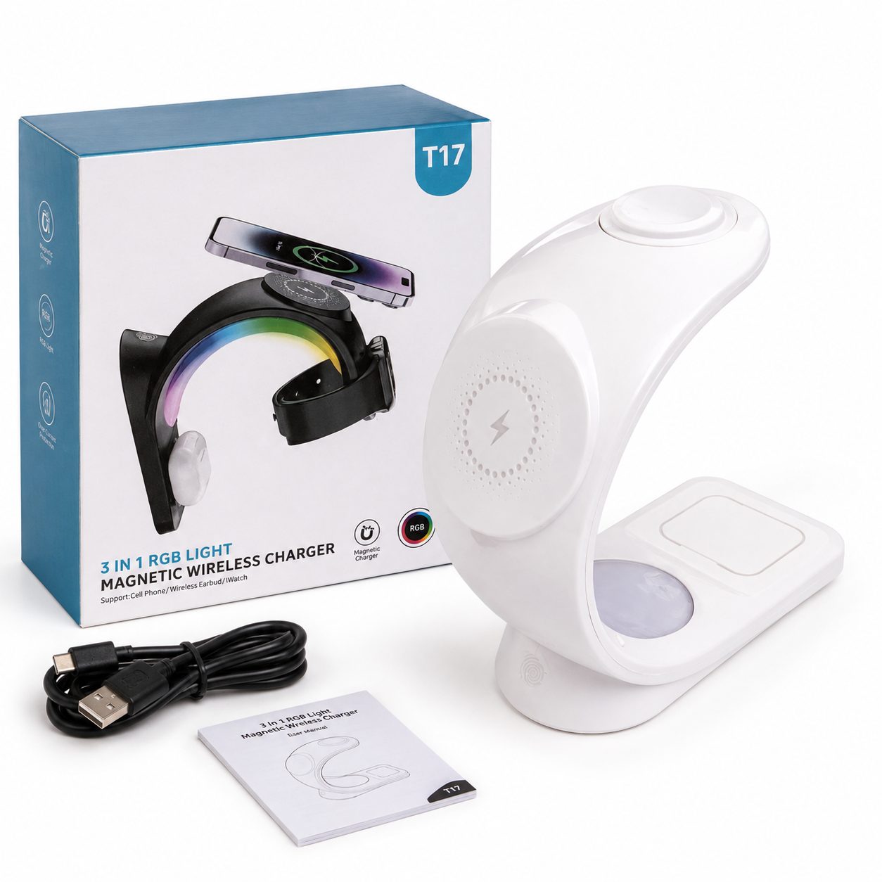Karikues Wireless Magnetik T17 3-në-1 për telefon, orë dhe kufje