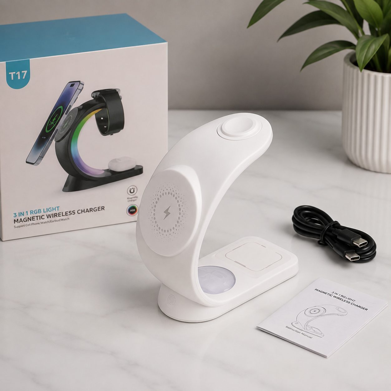 Karikues Wireless Magnetik T17 3-në-1 për telefon, orë dhe kufje - foto 4