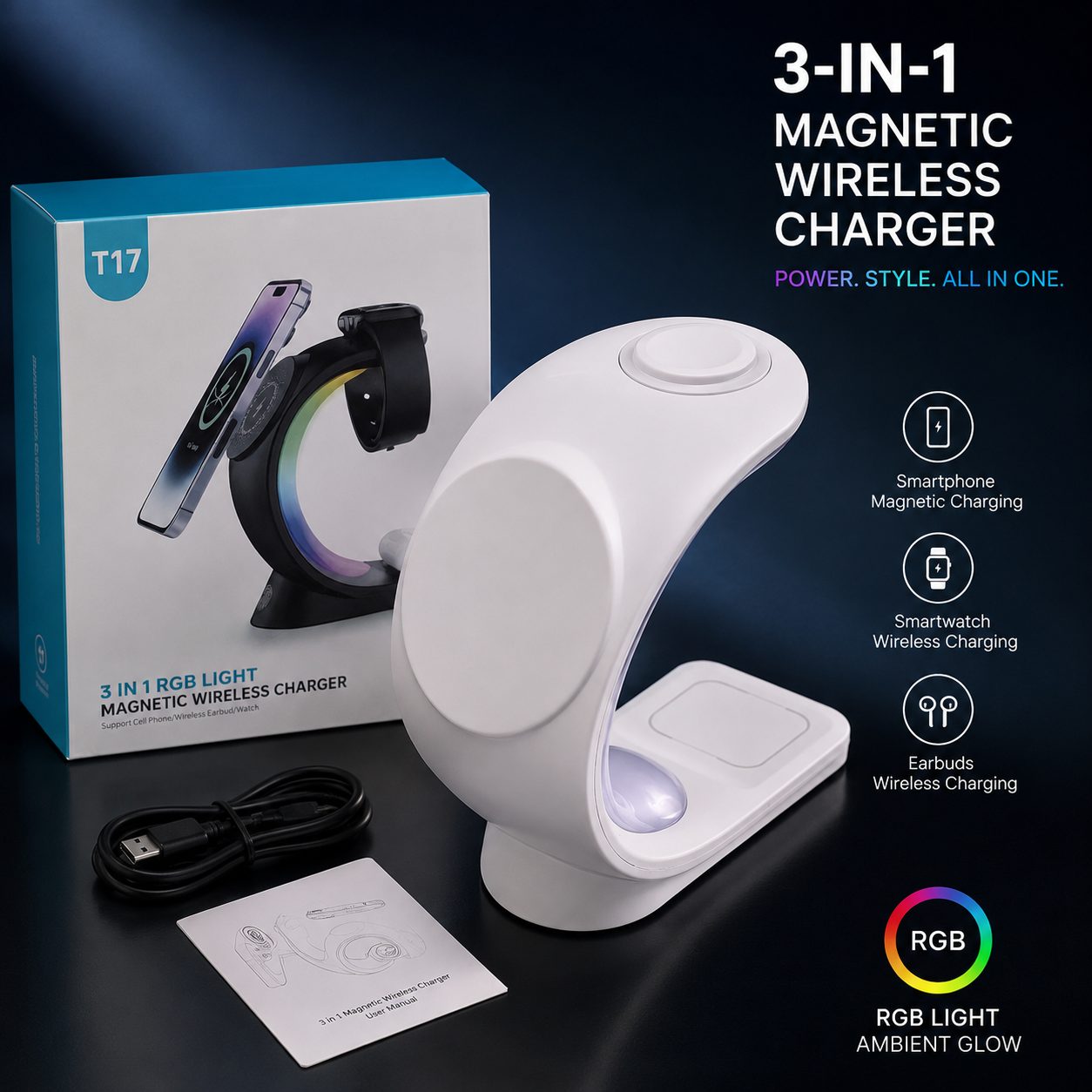 Karikues Wireless Magnetik T17 3-në-1 për telefon, orë dhe kufje - foto 5