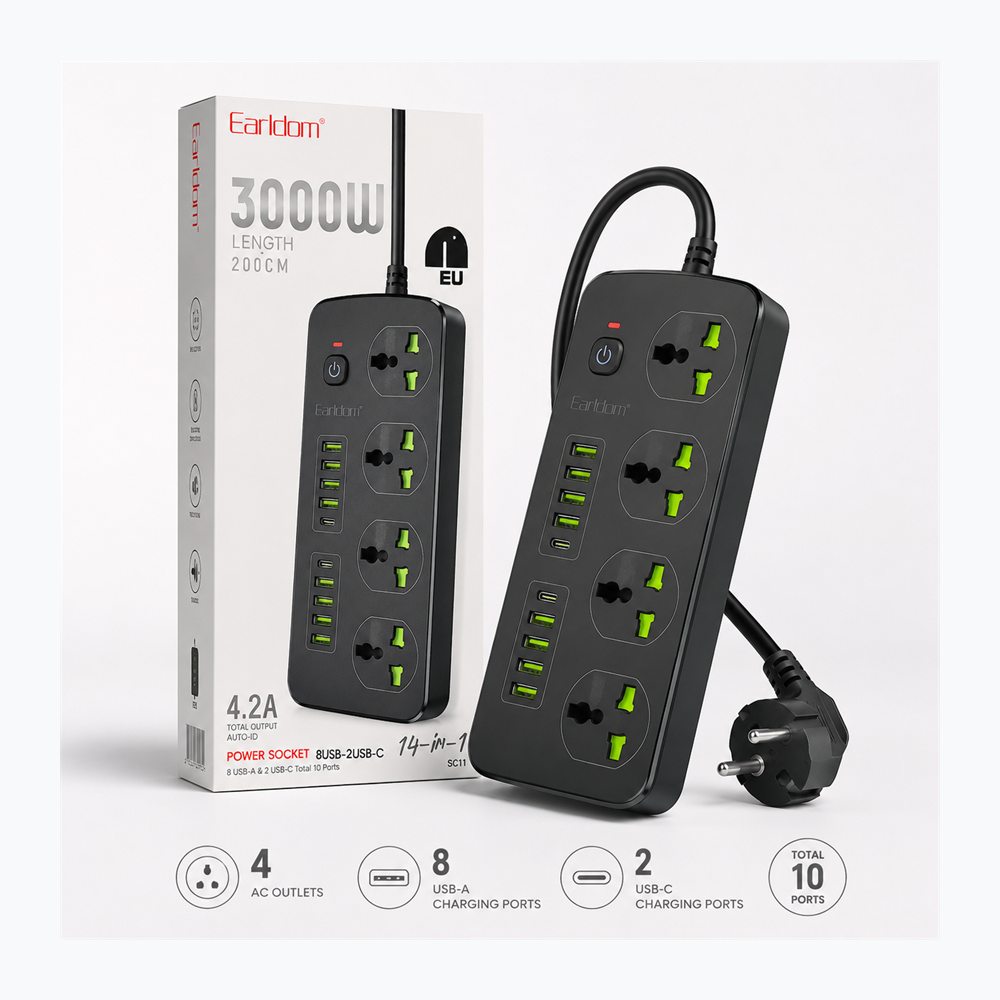 Power Socket Earldom T41 3000W me 4 Priza AC, 8 USB-A dhe 2 USB-C - foto 2