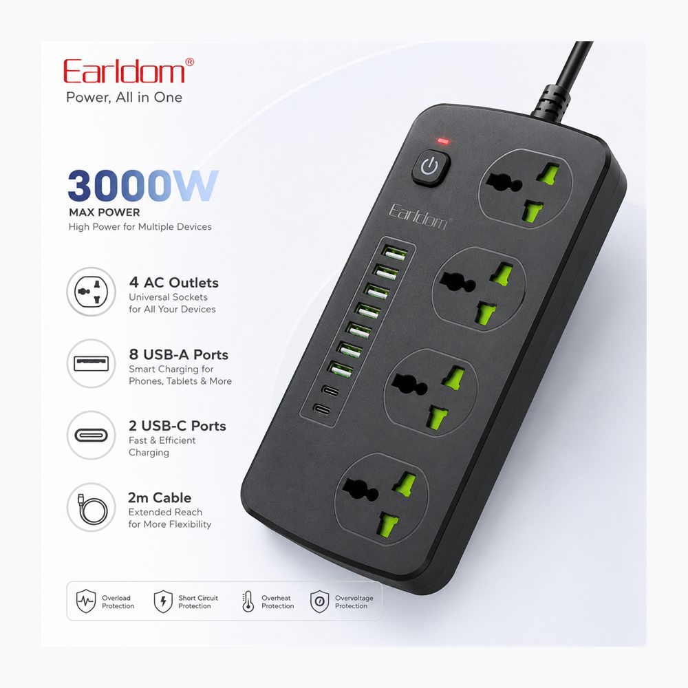 Power Socket Earldom T41 3000W me 4 Priza AC, 8 USB-A dhe 2 USB-C - foto 4