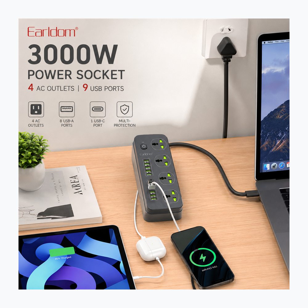 Power Socket Earldom T41 3000W me 4 Priza AC, 8 USB-A dhe 2 USB-C - foto 5