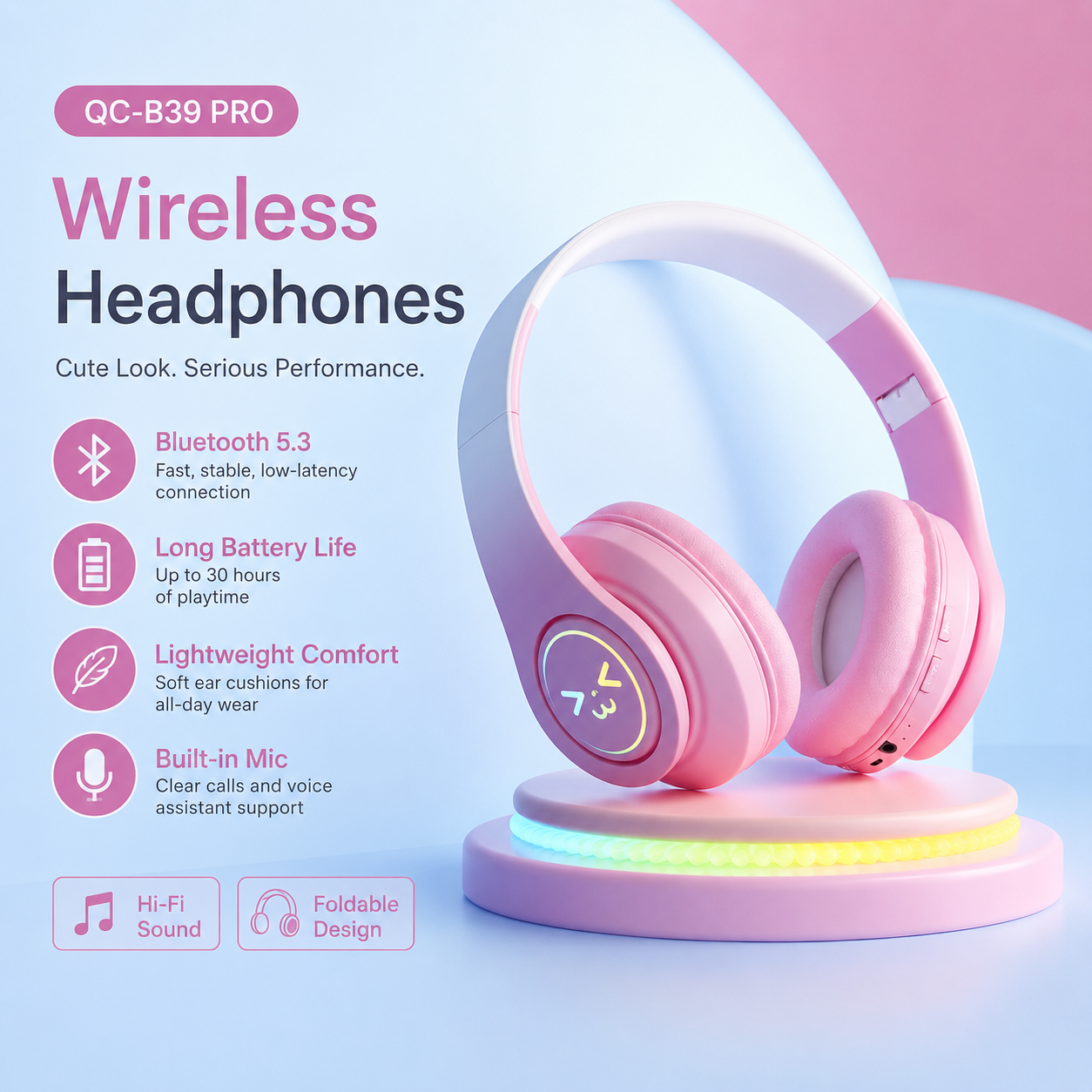 Kufje Wireless QC-B39 PRO, ngjyrë pembe - foto 5