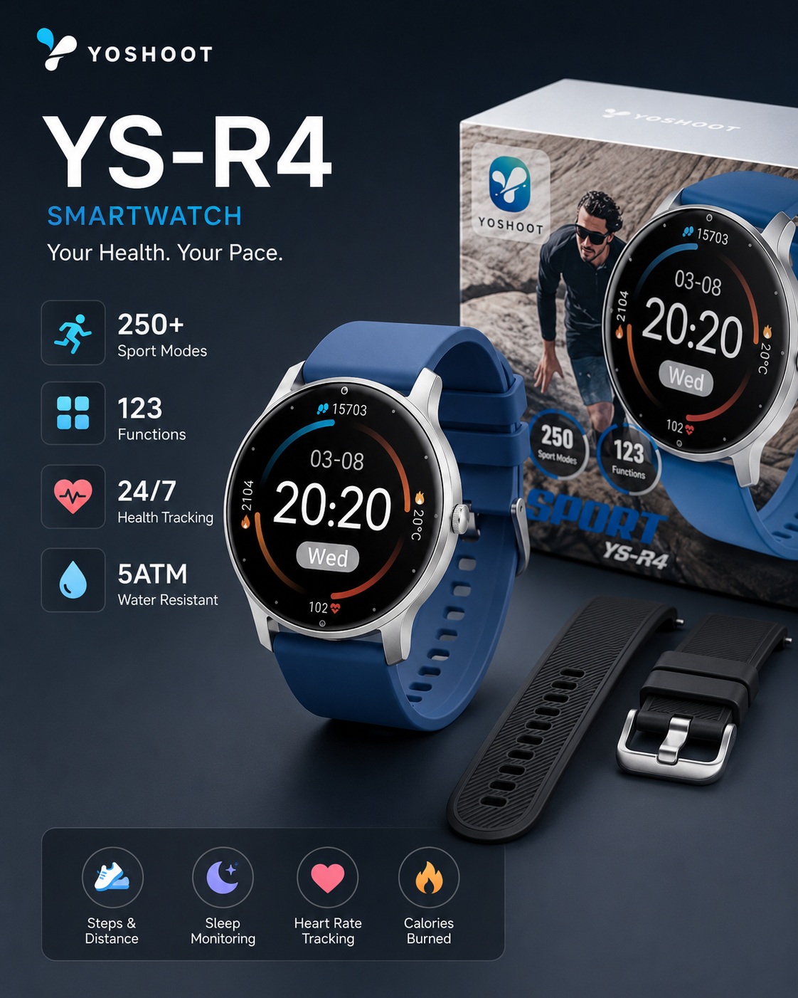 Smartwatch Sport YS-R4 me Ekran Rrethor dhe Rrip Blu