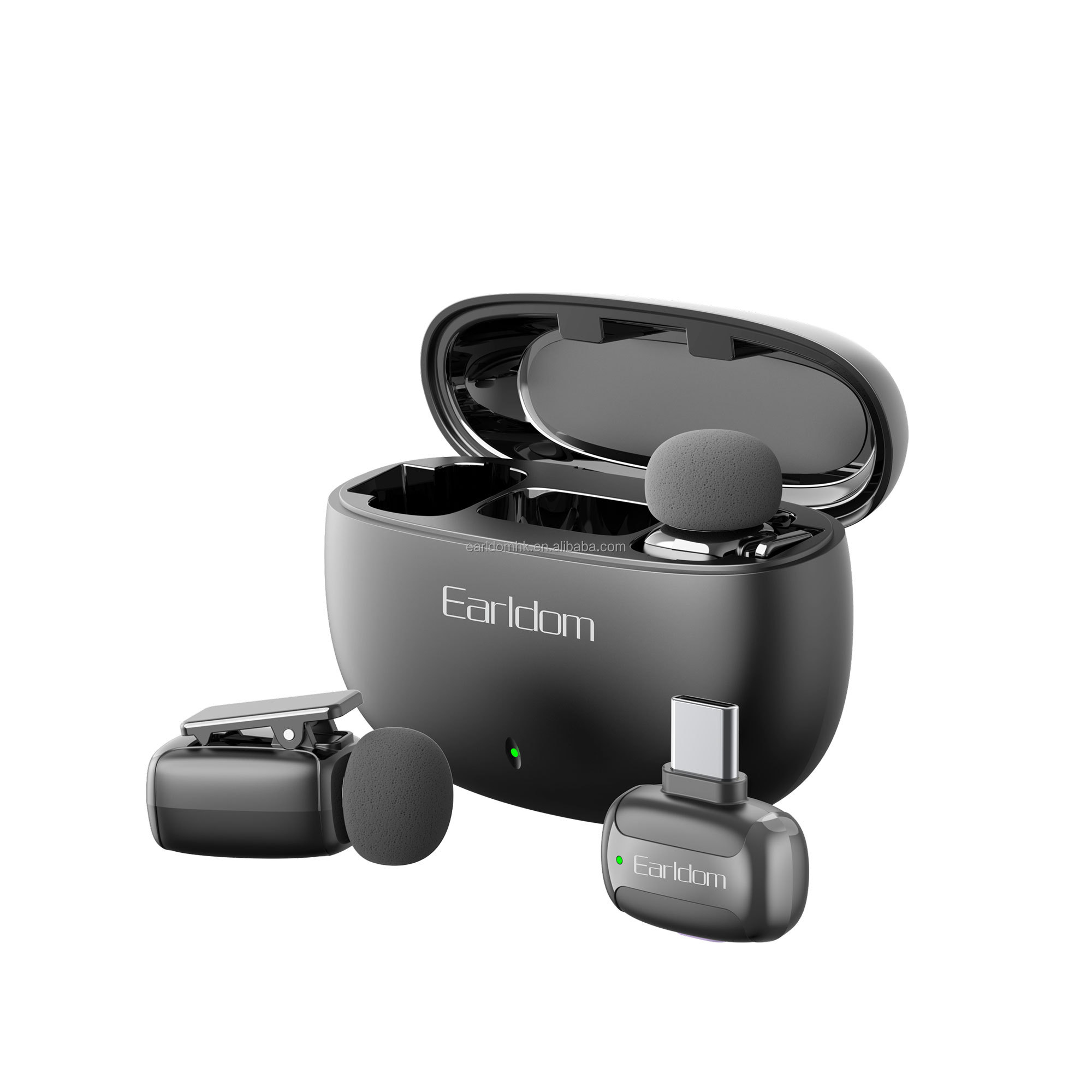 Set Mikrofonash Wireless Earldom ET-MC10 me Kuti Karikimi, me lidhje Bluetooth pa tela, për vlog, intervista dhe transmetime live, ngjyrë e zezë