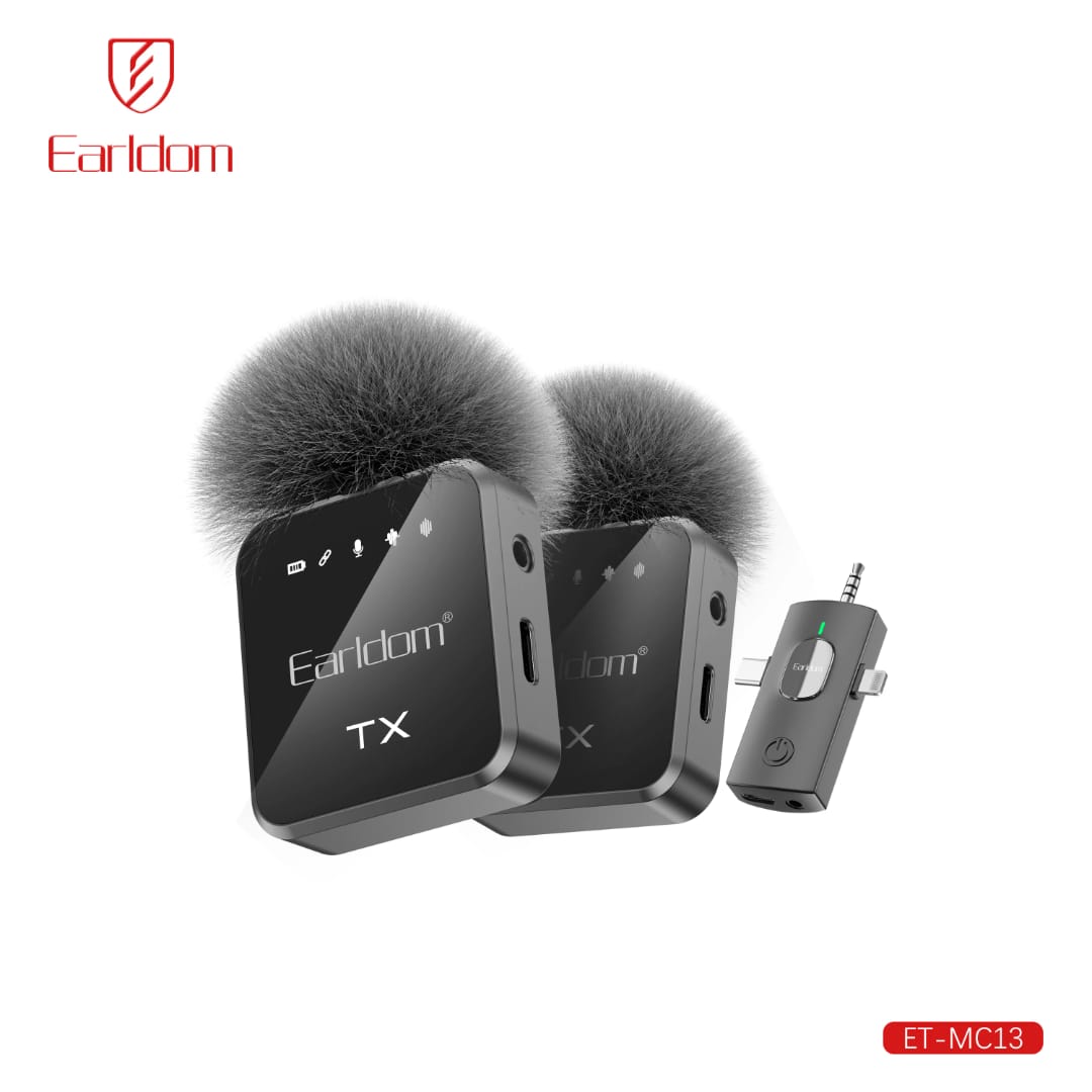 Mikrofon Wireless Earldom ET-MC13 (3-në-1) me Kuti Type-C/Lighting + Audio, me lidhje Bluetooth pa tela, për vlog, intervista dhe transmetime live, ngjyrë e zezë