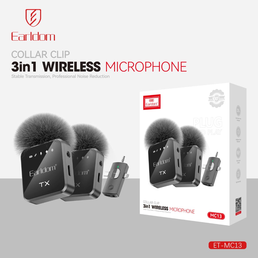 Mikrofon Wireless Earldom ET-MC13 (3-në-1) me Kuti Type-C/Lighting + Audio, me lidhje Bluetooth pa tela, për vlog, intervista dhe transmetime live, ngjyrë e zezë