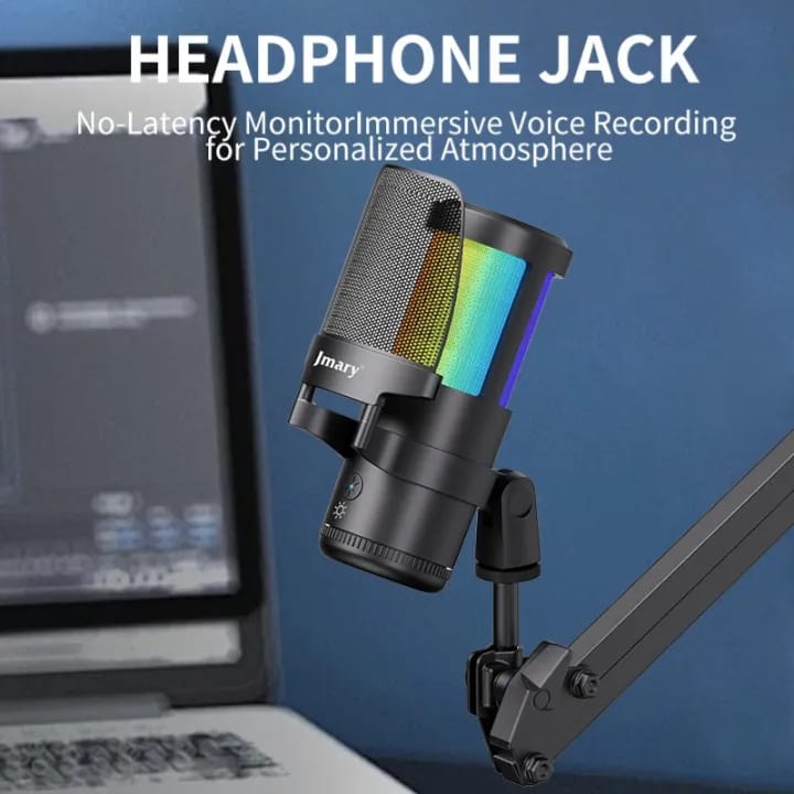 Mikrofoni USB Jmary MC-PW13 Profesional me RGB, me ndriçim modern LED/RGB, për vlog, intervista dhe transmetime live, e zezë me dritë rgb