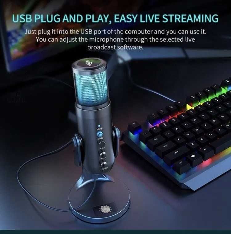 Mikrofoni USB Jmary MC-PW9 me Ndriçim RGB, me ndriçim modern LED/RGB, për vlog, intervista dhe transmetime live, e zezë me dritë rgb