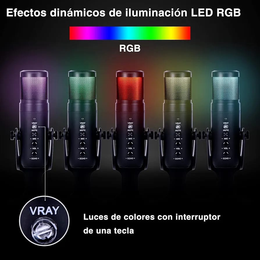 Mikrofoni USB Jmary MC-PW9 me Ndriçim RGB, me ndriçim modern LED/RGB, për vlog, intervista dhe transmetime live, e zezë me dritë rgb