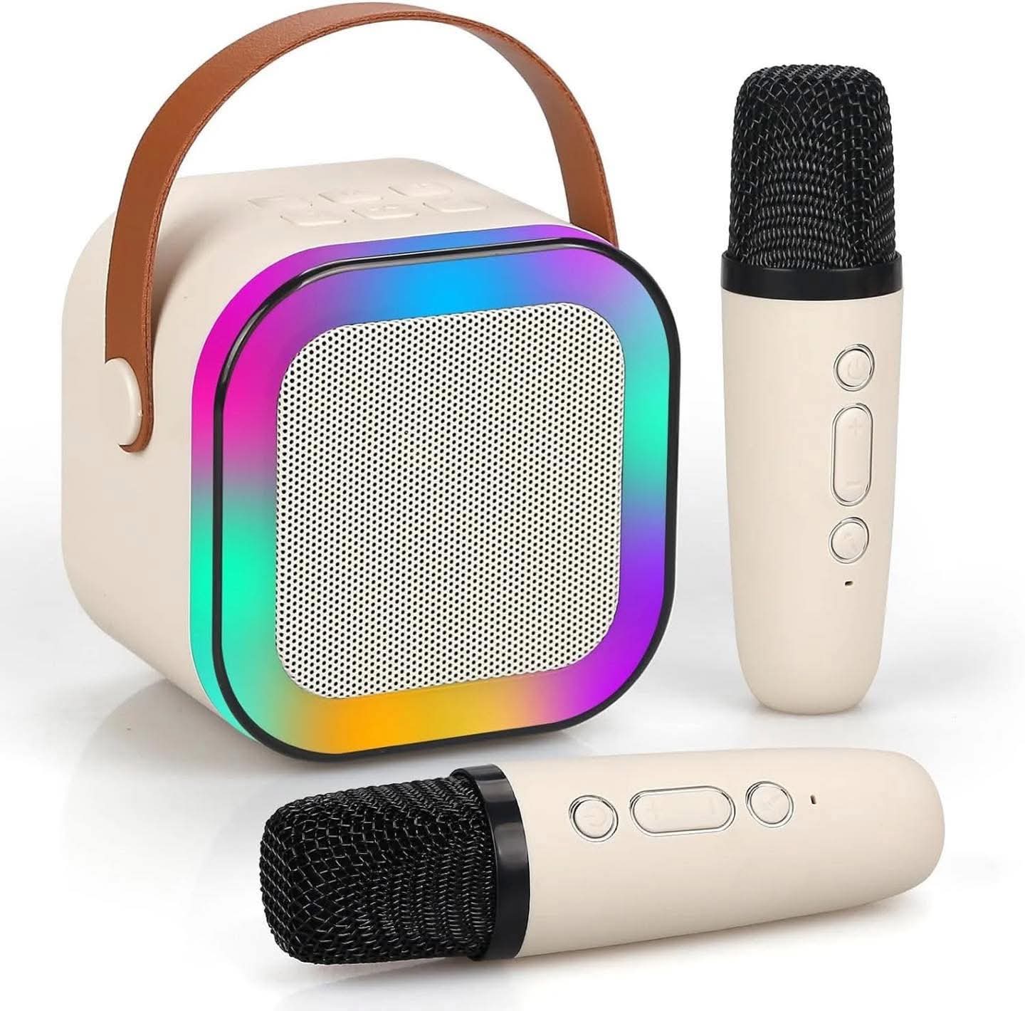 Altoparlant Karaoke me 1 Mikrofon Wireless dhe Ndriçim RGB, me ndriçim modern LED/RGB, për vlog, intervista dhe transmetime live, e bardhë/krem