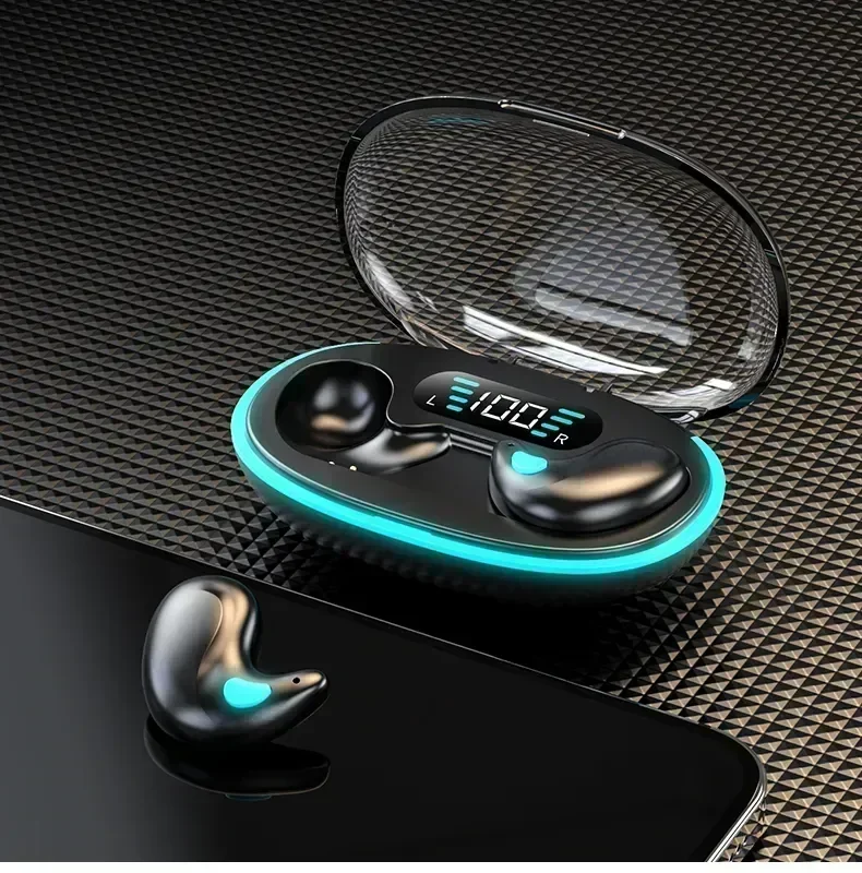 Kufje TWS me Kapak Transparent dhe LED Cyan, me ndriçim modern LED/RGB, për muzikë, thirrje dhe argëtim, e zeze me ndriçim cyan