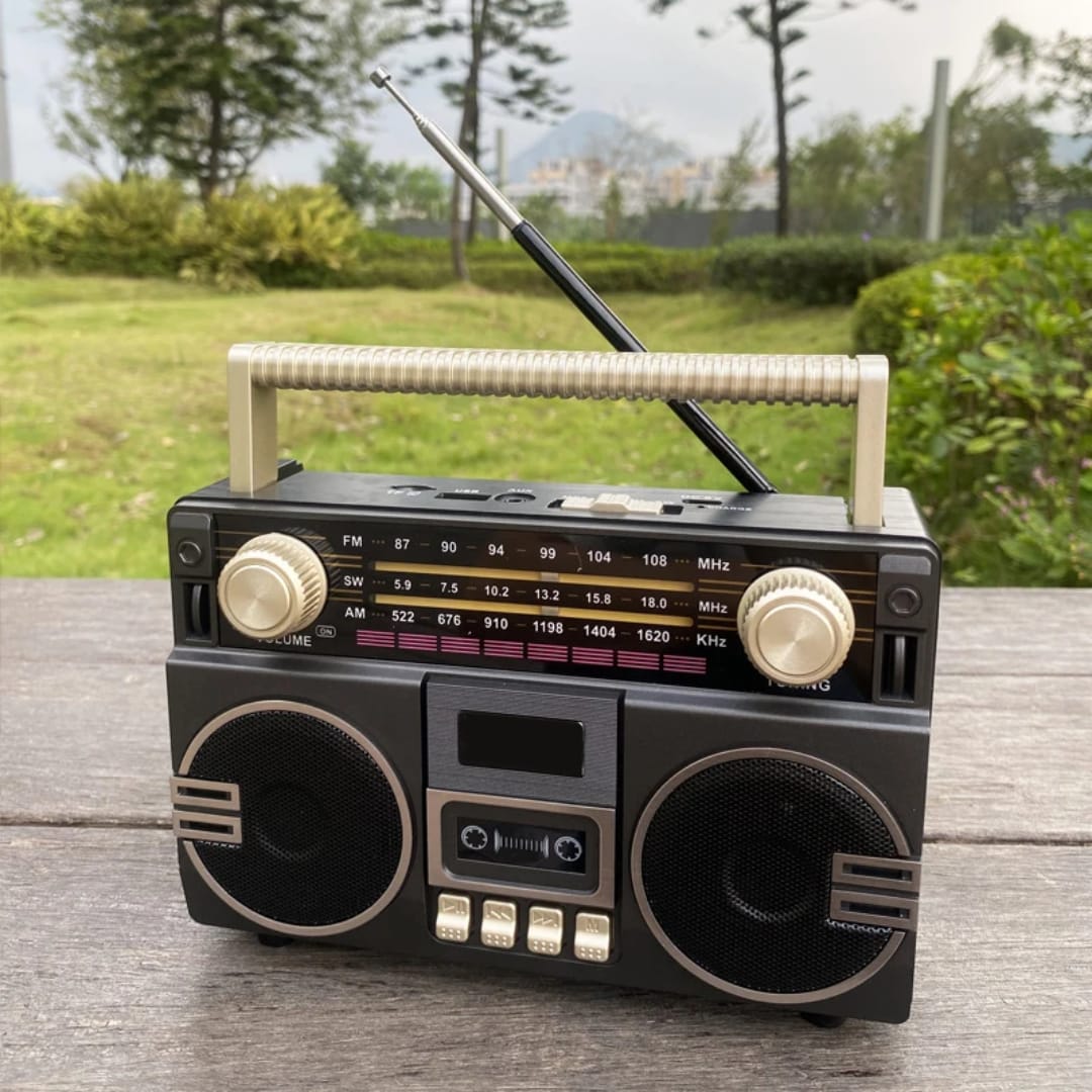 Radio Klasike Retro dhe Altoparlant Wireless, me lidhje Bluetooth pa tela, për përdorim të përditshëm, e zezë me detaje (klasike)
