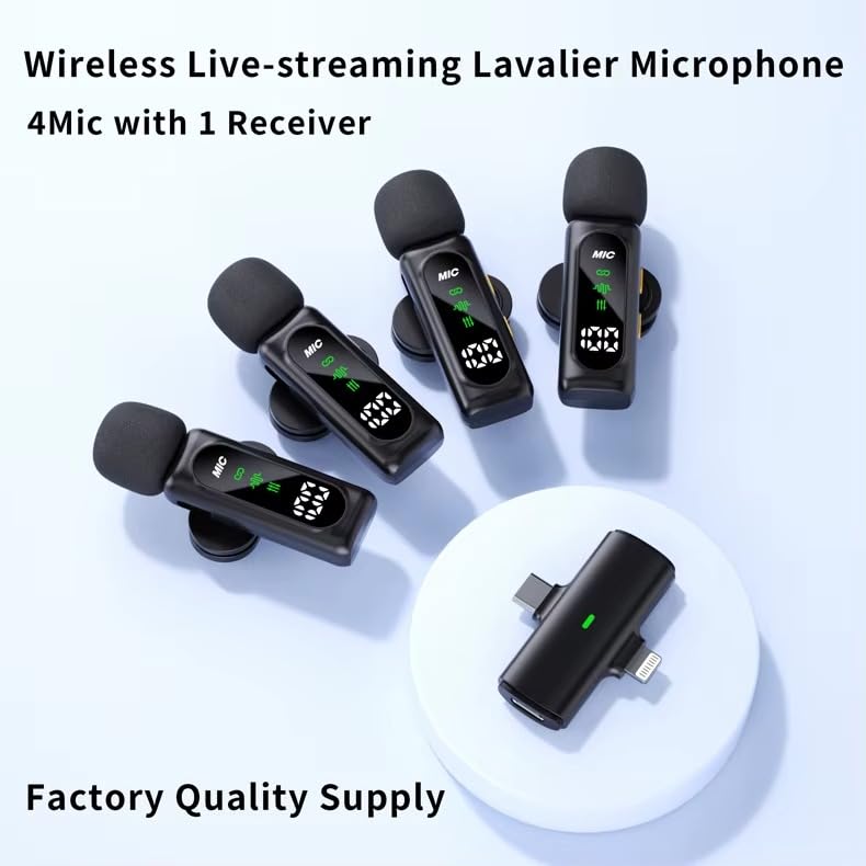 Sistem Mikrofonash Lavalier Wireless T90 1-to-4 (4 Mikrofona), me lidhje Bluetooth pa tela, për vlog, intervista dhe transmetime live, ngjyrë e zezë