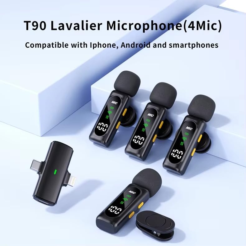 Sistem Mikrofonash Lavalier Wireless T90 1-to-4 (4 Mikrofona), me lidhje Bluetooth pa tela, për vlog, intervista dhe transmetime live, ngjyrë e zezë