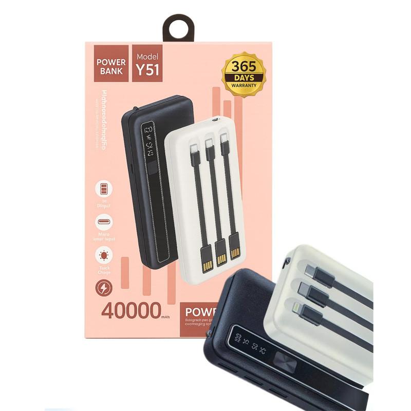Power Bank i Fuqishëm Y51 40,000mAh me 4 Kabllo të Integruara, me dizajn modern dhe funksional, për shtëpi, zyrë dhe udhëtime, ngjyrë e zezë