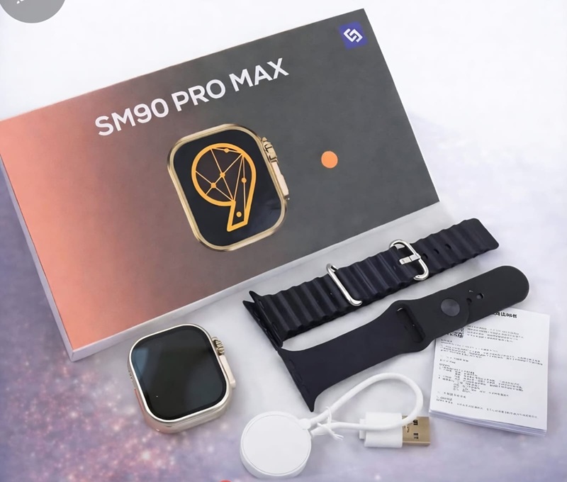 Orë Inteligjente SM90 Pro Max (Me 2 Rripa), për njoftime, sport dhe përdorim ditor, kornizë ari me rripa të zinj