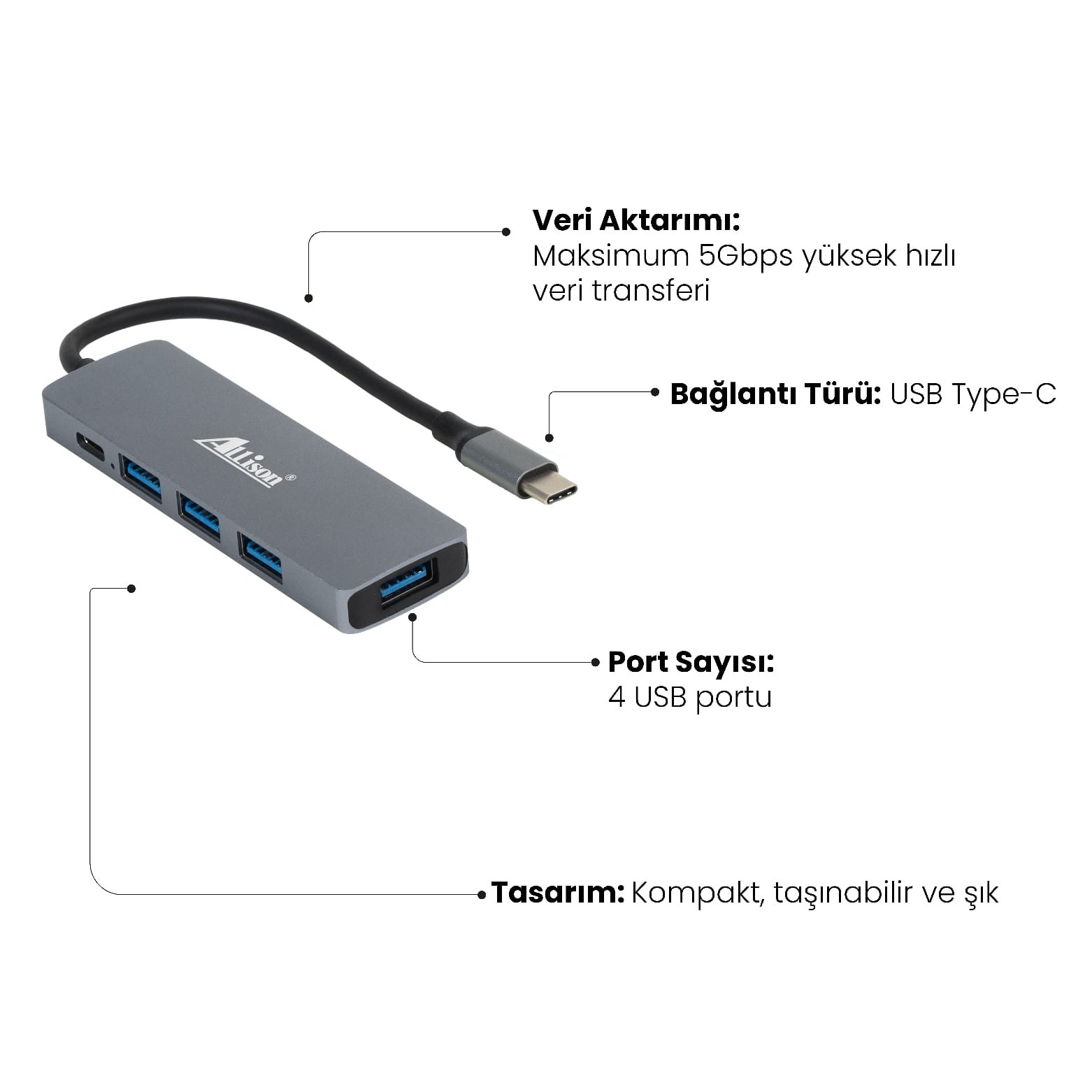 Hub USB-C 4 në 1 Docking Station Allison ALS-G63, me dizajn modern dhe funksional, për shtëpi, zyrë dhe udhëtime, gri (alumin)
