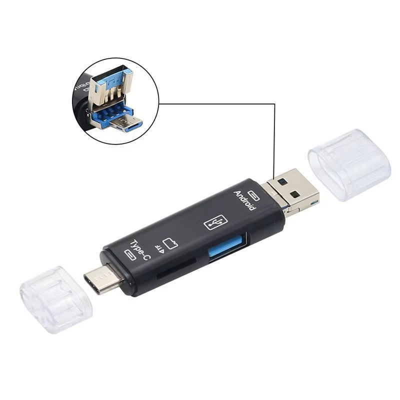 Adaptor dhe Lexues Kartash 3-në-1 (Type-C, Micro, USB), me dizajn modern dhe funksional, për shtëpi, zyrë dhe udhëtime, ngjyrë e zezë