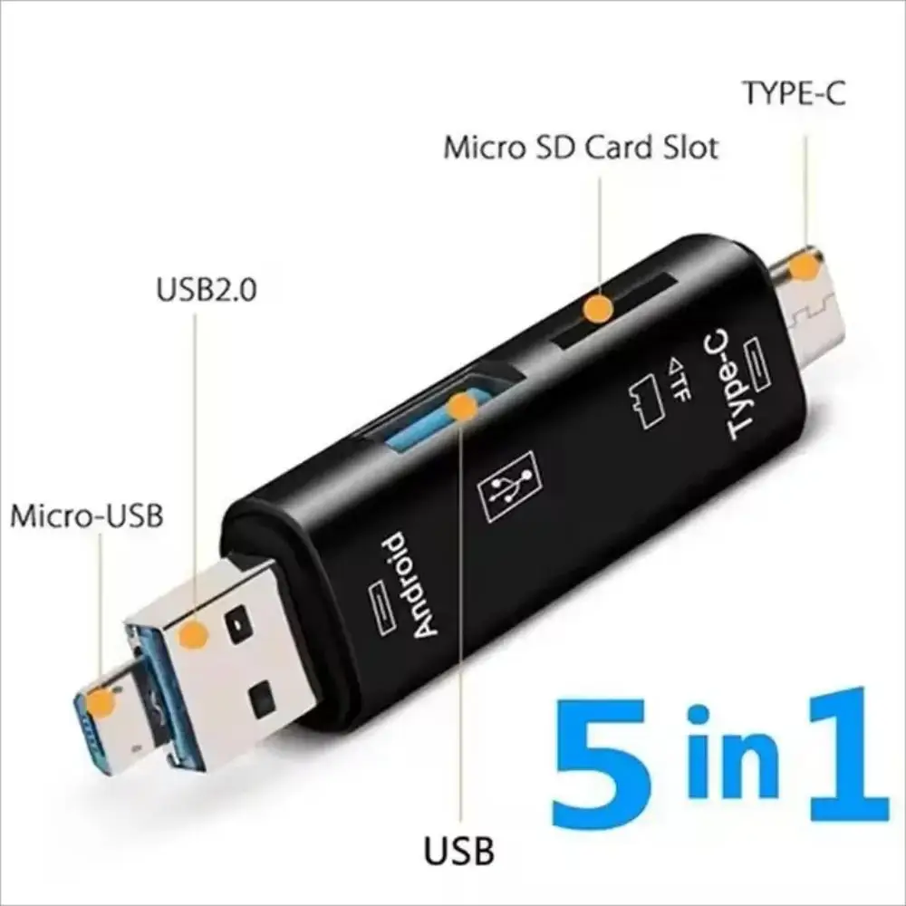 Adaptor dhe Lexues Kartash 3-në-1 (Type-C, Micro, USB), me dizajn modern dhe funksional, për shtëpi, zyrë dhe udhëtime, ngjyrë e zezë