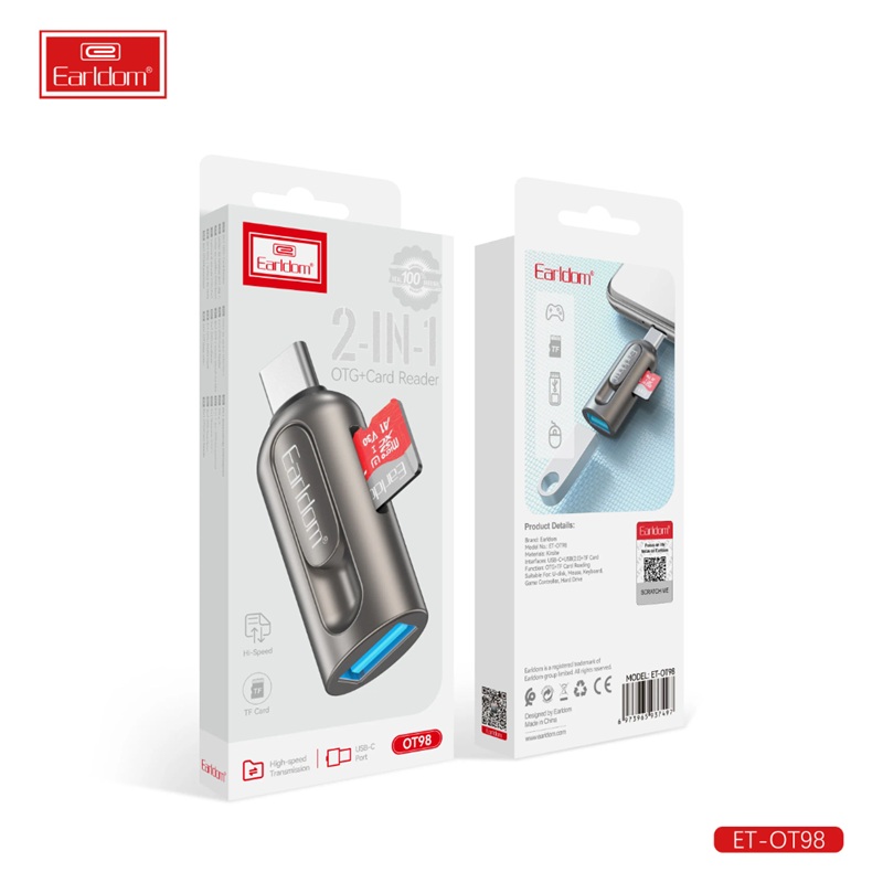 Earldom 2-në-1 Lexues Kartash & OTG Adapter (USB-C), me dizajn modern dhe funksional, për shtëpi, zyrë dhe udhëtime, hiri (gunmetal)