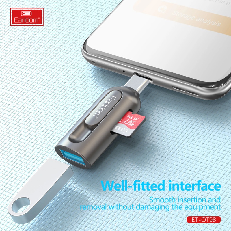 Earldom 2-në-1 Lexues Kartash & OTG Adapter (USB-C), me dizajn modern dhe funksional, për shtëpi, zyrë dhe udhëtime, hiri (gunmetal)