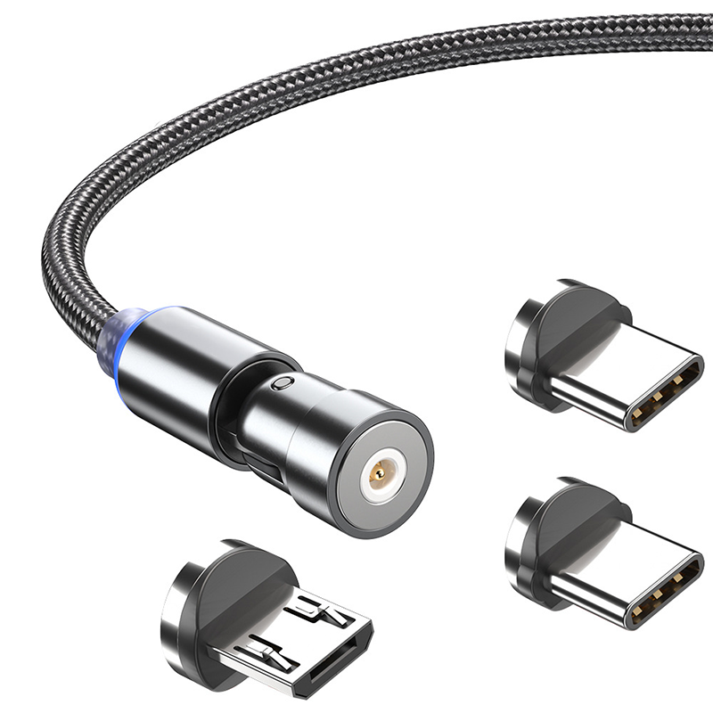 Kabllo Karikimi Magnetike 3-në-1 me Rrotullim 360° (Nylon Braided), magnetik dhe praktik, për shtëpi, zyrë dhe udhëtime, ngjyrë e zezë