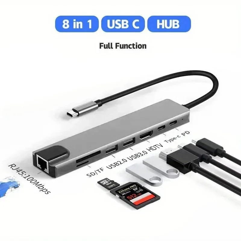 Hub USB-C 8-në-1 prej Alumini (Me Adaptor të Dyfishtë), me dizajn modern dhe funksional, për shtëpi, zyrë dhe udhëtime, argjend hiri (space gray)