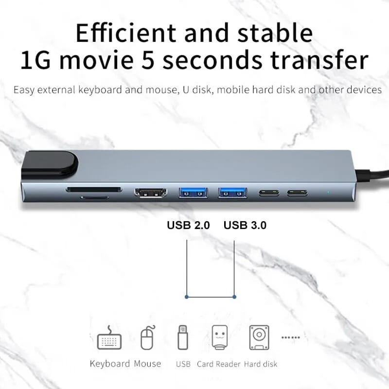 Hub USB-C 8-në-1 prej Alumini (Me Adaptor të Dyfishtë), me dizajn modern dhe funksional, për shtëpi, zyrë dhe udhëtime, argjend hiri (space gray)