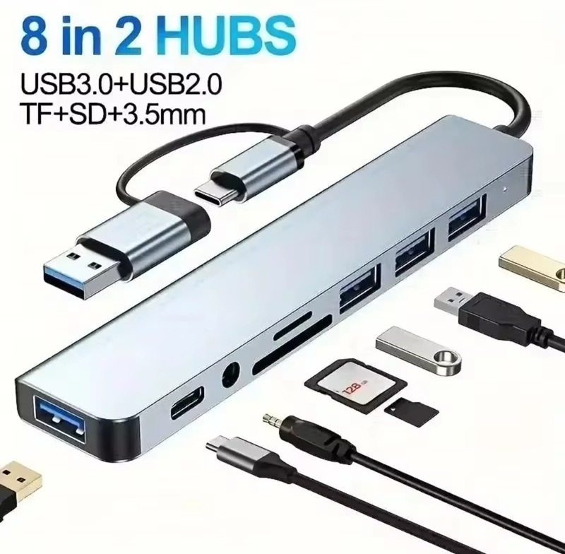 Hub USB-C 8-në-1 prej Alumini (Me Adaptor të Dyfishtë), me dizajn modern dhe funksional, për shtëpi, zyrë dhe udhëtime, argjend hiri (space gray)