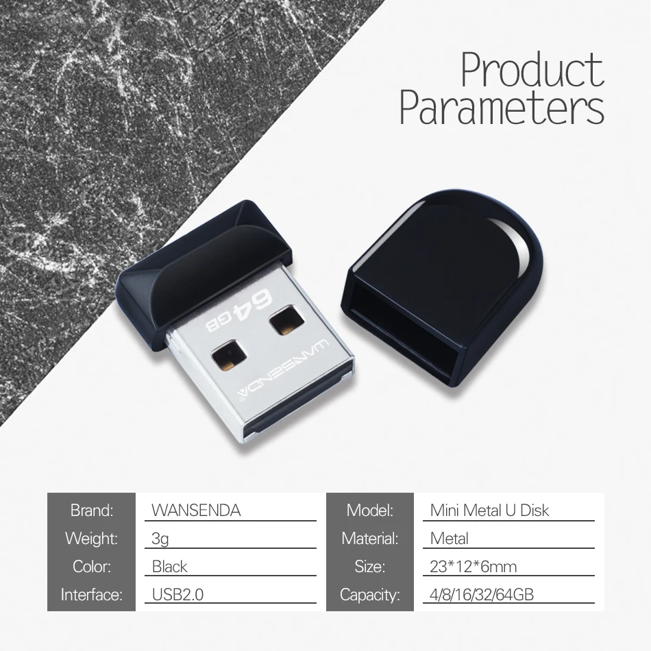 Mini USB Flash Drive Wansenda 8GB Metalike, për ruajtje dhe transferim të të dhënave, për kompjuter, punë dhe ruajtje të të dhënave, argjend me të zezë
