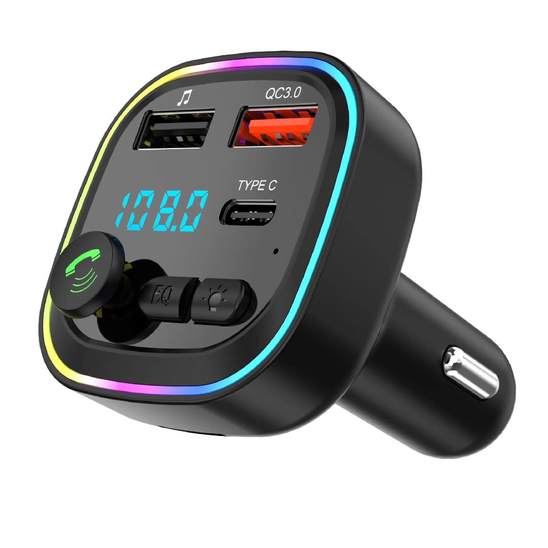 Modulator FM & Karikues Makine me Lexues Karte TF dhe USB + C type, me dizajn modern dhe funksional, për përdorim në veturë, e zezë me detaje rgb