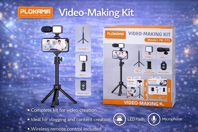Aksesor praktik Plokama Video-Making Kit PK-772, me dizajn modern dhe funksional, për krijim përmbajtjeje dhe video, ngjyrë e zezë