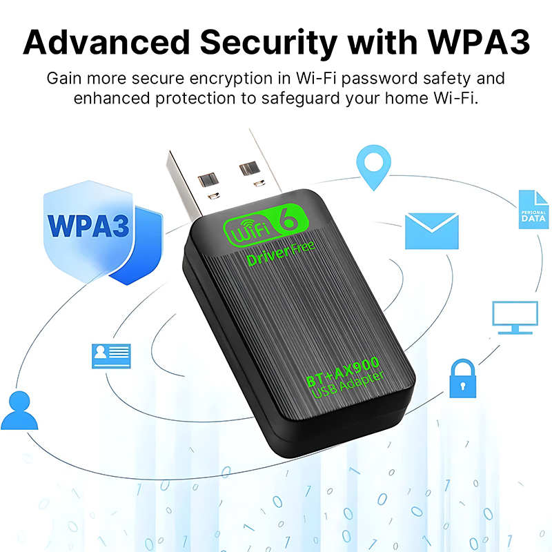 Adaptor USB WiFi 6 & Bluetooth 5.4 (AX900), për performancë të qëndrueshme, për kompjuter, punë dhe ruajtje të të dhënave, ngjyrë e zezë