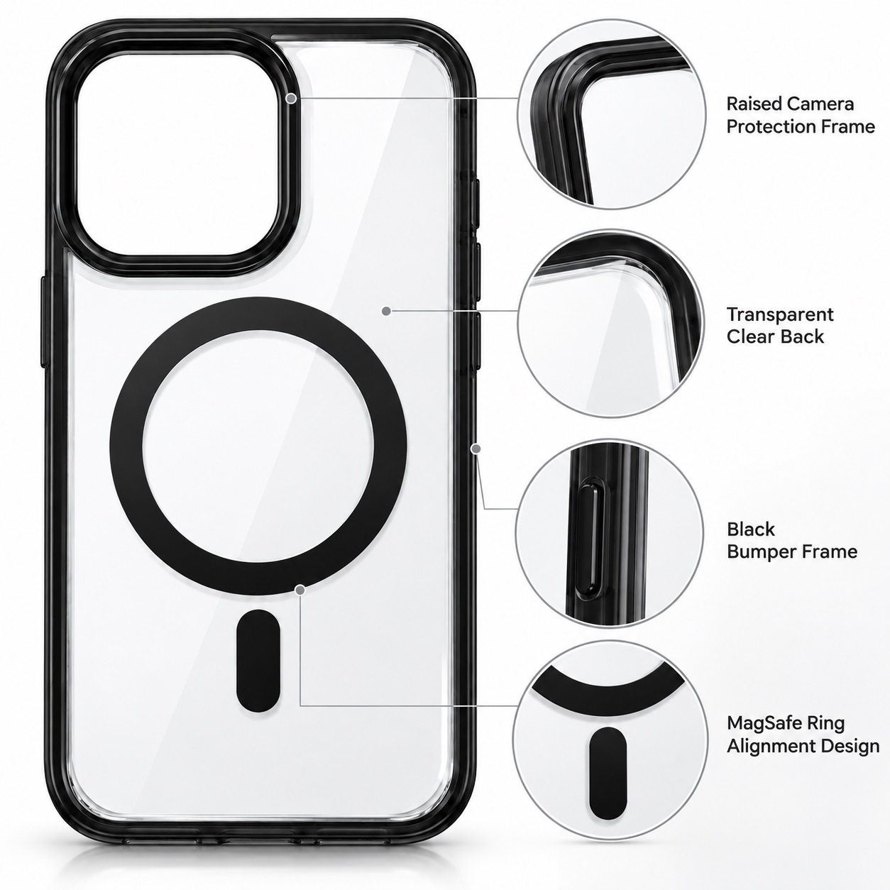 Mbrojtëse për iPhone 15 Pro Max me Unazë MagSafe – Transparente me Kornizë të Zezë – foto 4