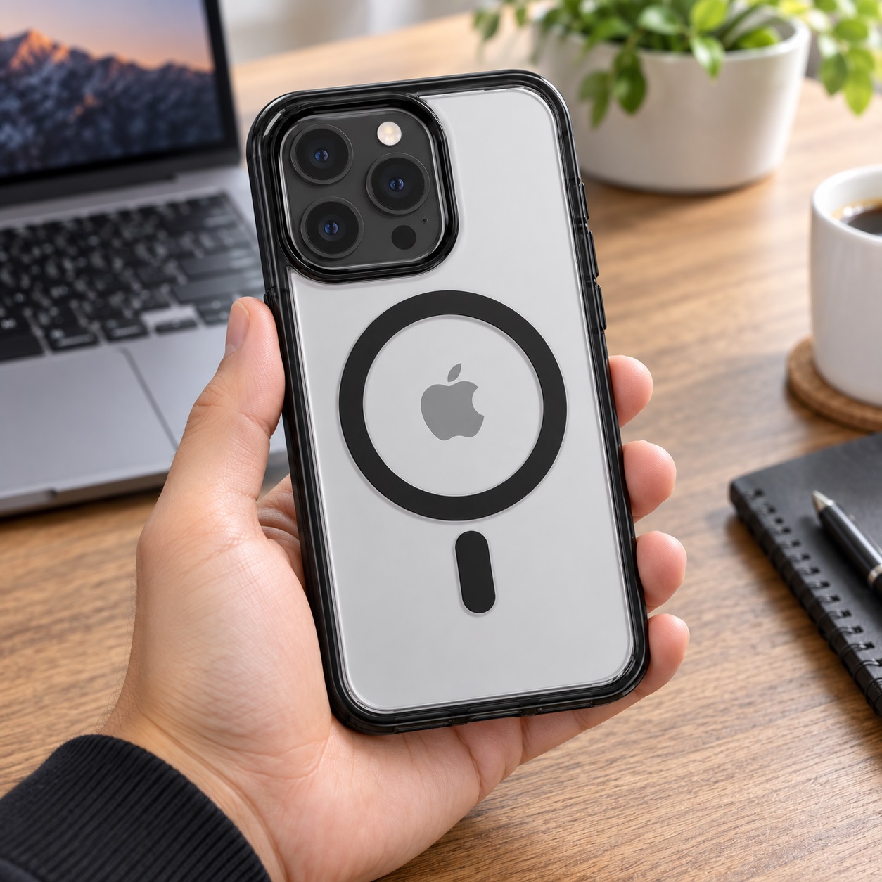 Mbrojtëse për iPhone 15 Pro Max me Unazë MagSafe – Transparente me Kornizë të Zezë – foto 5