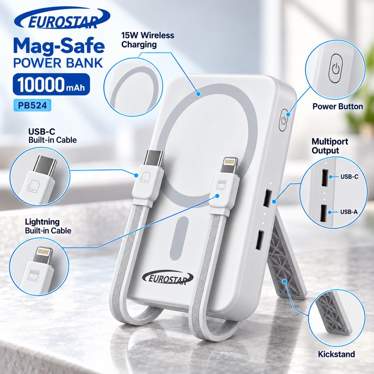 Power Bank Eurostar MagSafe 10000 mAh me Kabllo të Integruara dhe Mbajtëse – foto 4