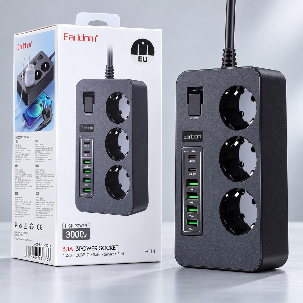 Zgjatues Elektrik Earldom SC14 me 3 Priza, 4 USB-A dhe 2 USB-C – foto 3