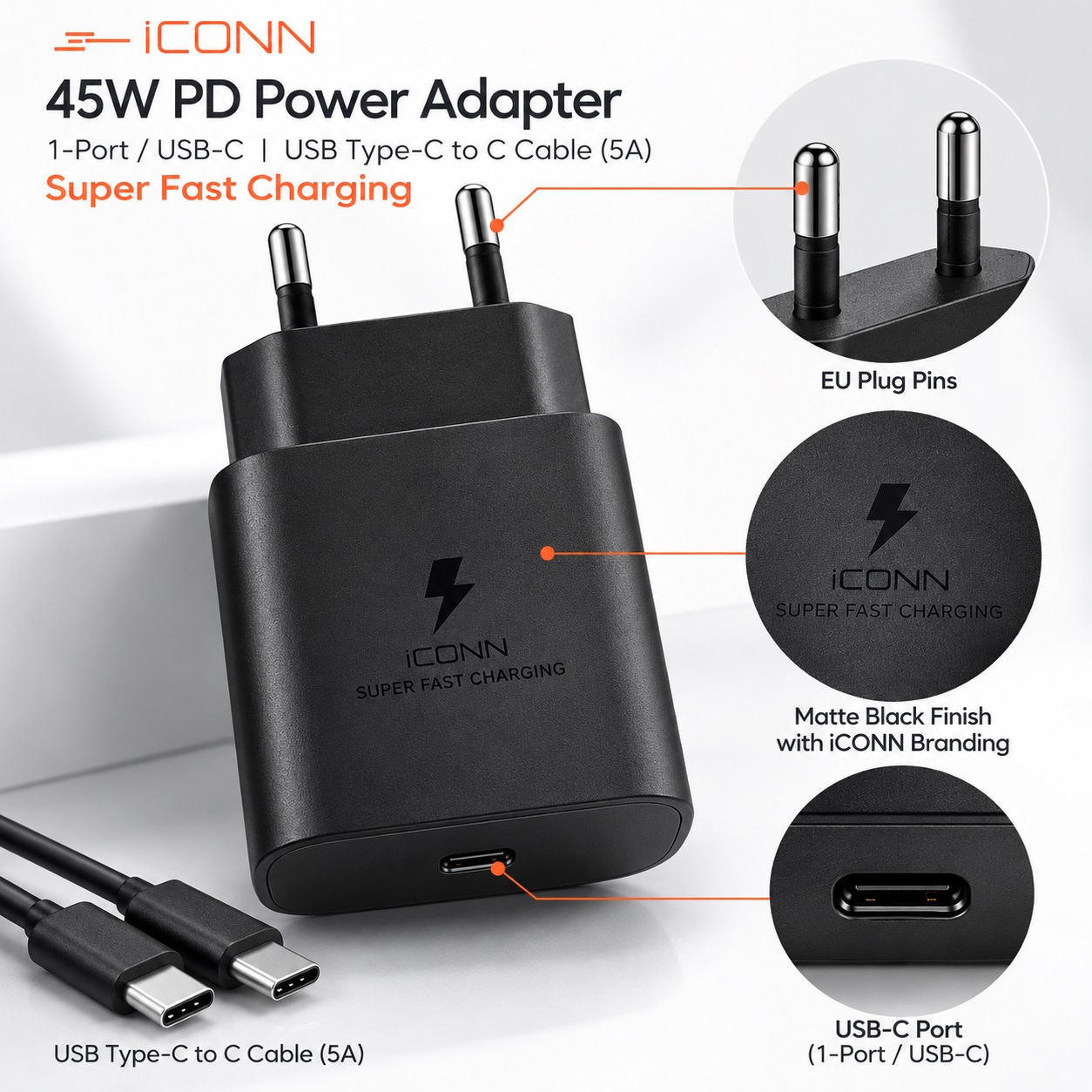 Karikues ICONN USB-C PD 45 W me Kabllo USB-C në USB-C – foto 3