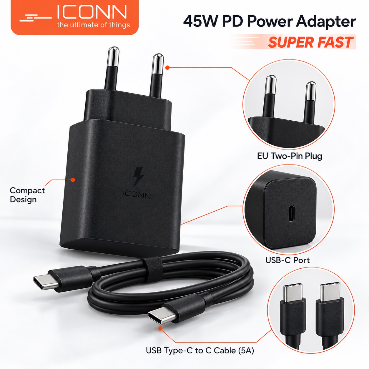 Karikues ICONN USB-C PD 45 W me Kabllo USB-C në USB-C – foto 5