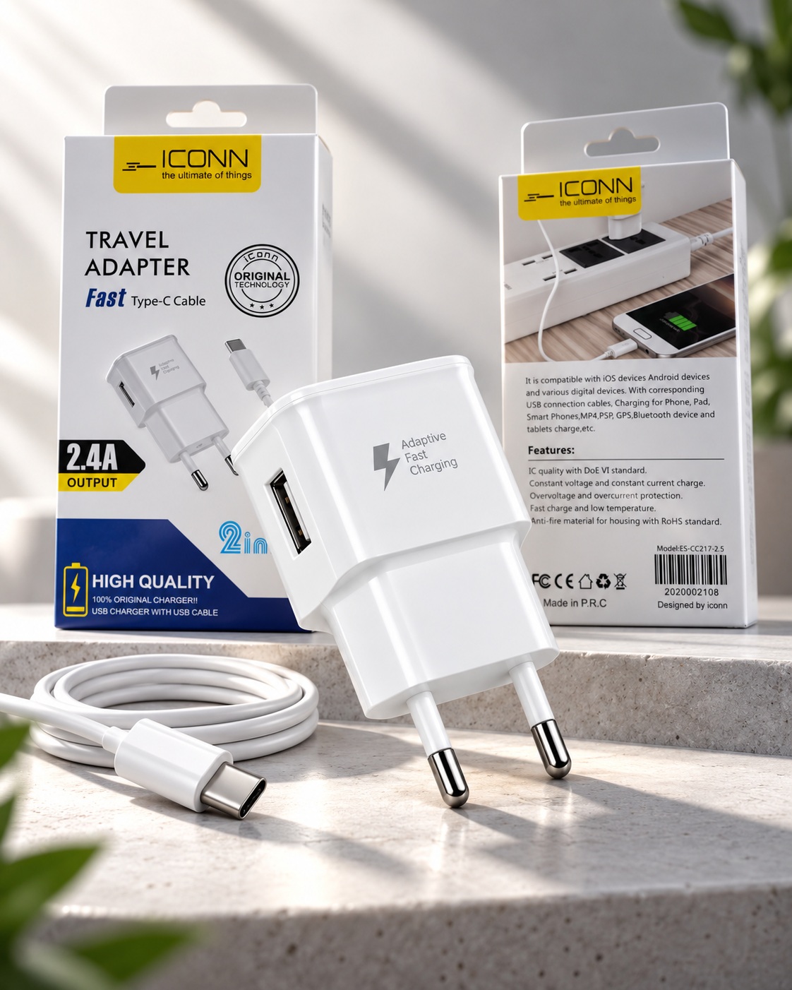 Adapter Karikimi iConn 2.4A me USB-A dhe Kabllo USB-C – foto 6