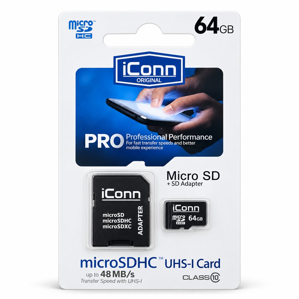 Kartë Memorie iConn microSDHC 64 GB UHS-I Class 10 me Adapter SD