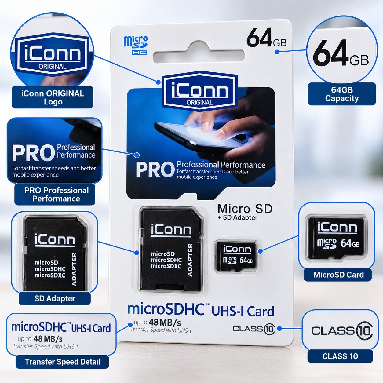 Kartë Memorie iConn microSDHC 64 GB UHS-I Class 10 me Adapter SD – foto 3